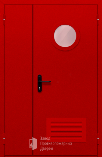 Фото двери «Полуторная с круглым стеклом и решеткой (красная)» в Хотьково