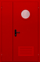 Фото двери «Полуторная с круглым стеклом и решеткой (красная)» в Хотьково